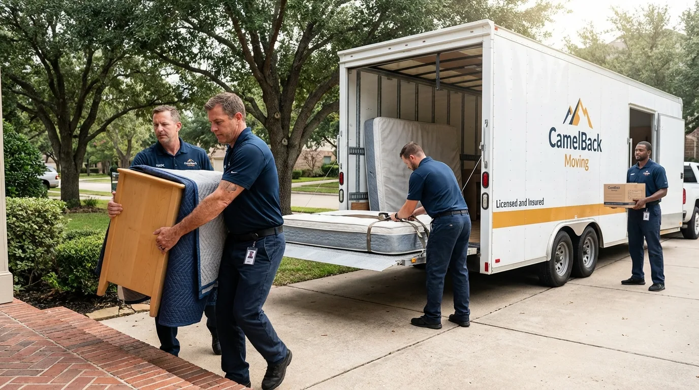 Crew loading residential truck for cross-state move from Lake View, IA