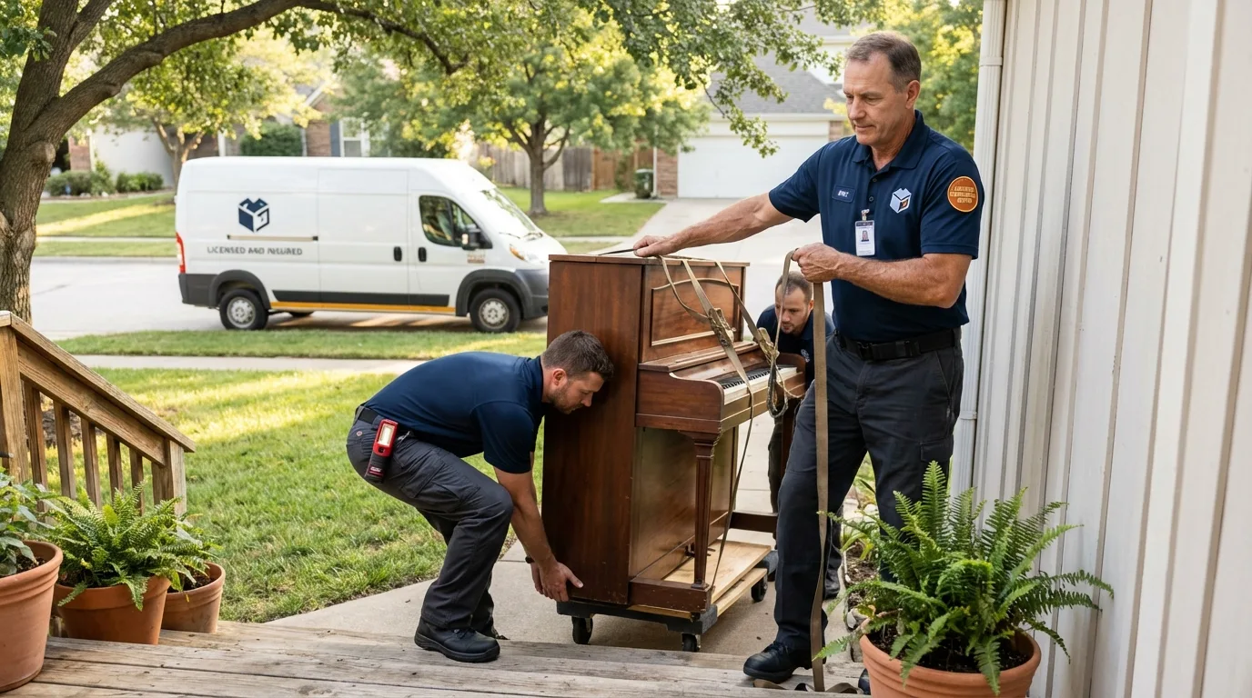 Licensed piano movers securing grand piano in Lake View, IA