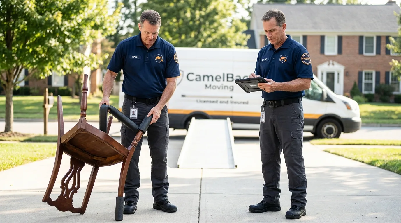 Movers inspecting furniture for damage prevention before loading in Lake View, IA