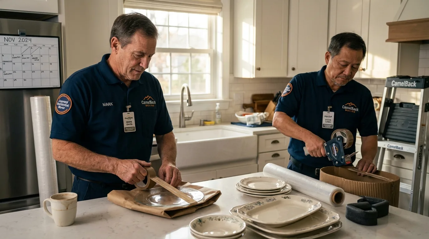 Professional crew packing kitchen dishware in Lake View, IA